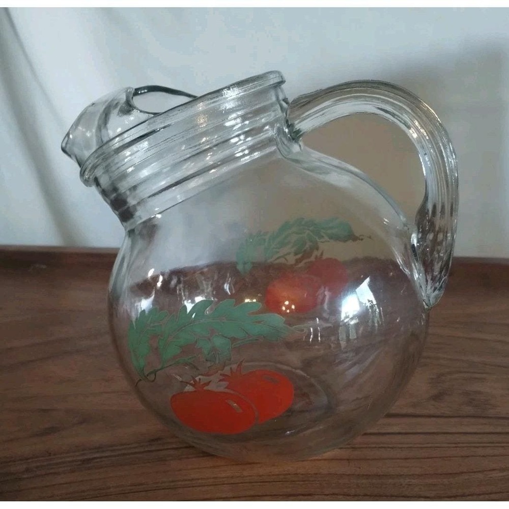 VINTAGE GLASS PITCHER w/ICE LIP BULBOUS TOMATO PRYOGRAPHICS JUICE PITCHER - Picture 3 of 5